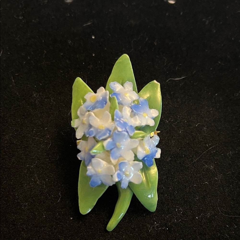 Floral Brooch with Green Leaves and Blue Flowers